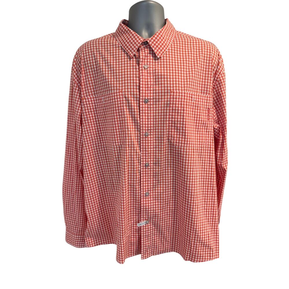 Orvis Active Fit XL Orange White Gingham Button Front Fishing Shirt Mens XL